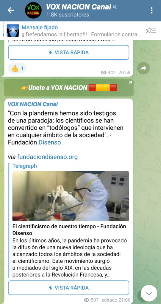     Grupo de Telegram "Vox Nación Canal". Captura de pantalla realizada el 25/01/2021 a las 9:33h.    