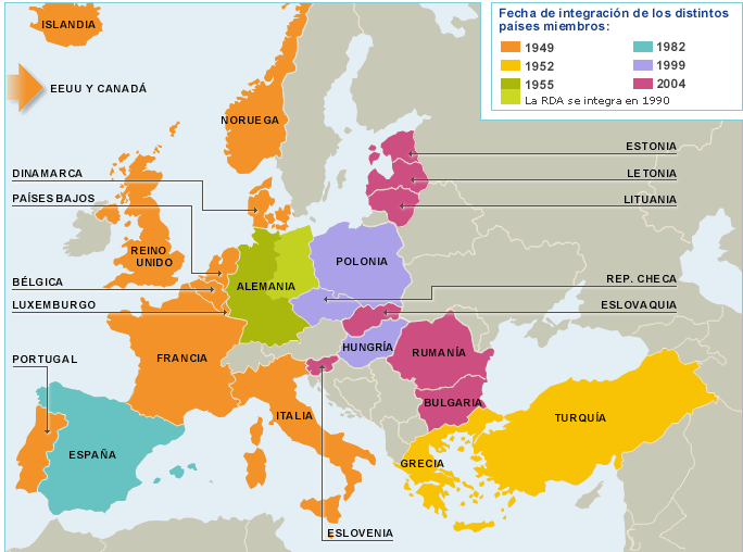 Expansión de la OTAN en Europa por año. Autor: Ministerio de Educación. Fuente: OTAN Ucrania