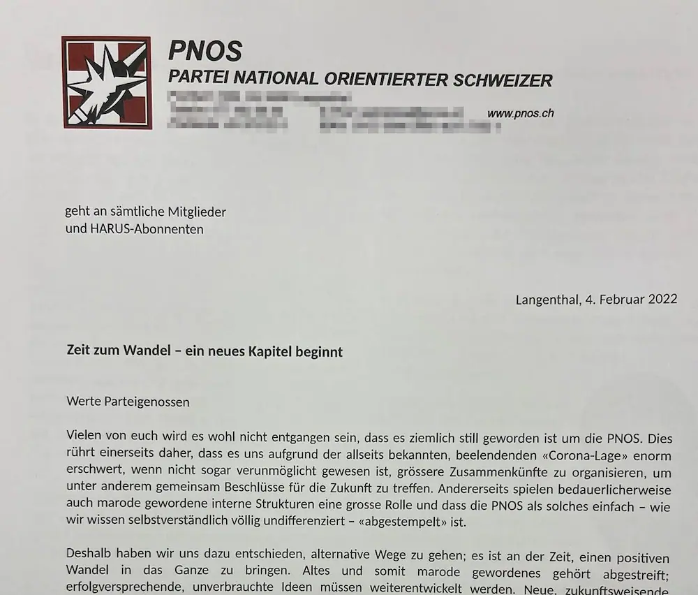 Carta enviada por Florian Gerber a la militancia del Partido Nacional Suizo