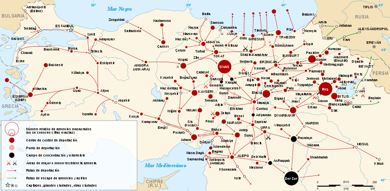 Mapa de las deportaciones del genocidio armenio. Autor: Techso01, 1915. Fuente: Wikimedia Commons (CC BY-SA 4.0)