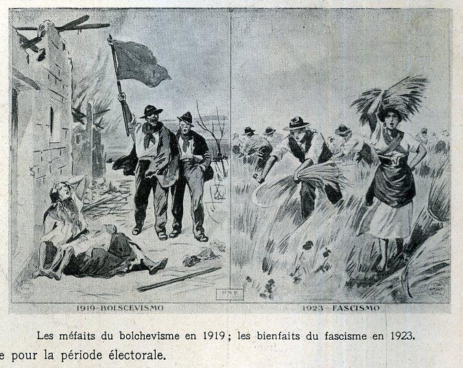 Propaganda fascista. El texto dice: "Las fechorías del bolchevismo en 1919; los beneficios del fascismo en 1923" 