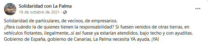 Publicación de Solidaridad con La Palma. Autor: Captura de pantalla realizada el 28/06/2022 a las 7:58h. Fuente: Página de Facebook Solidaridad con La Palma