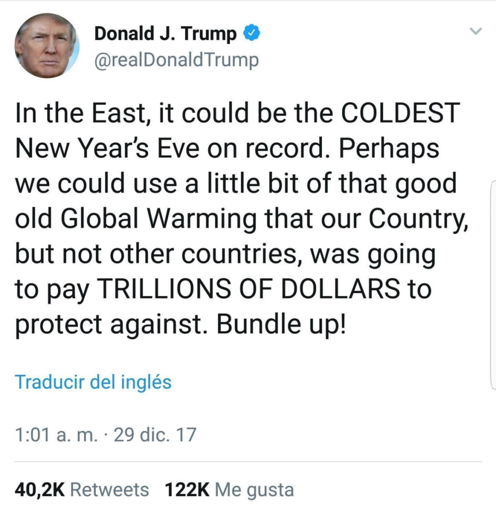 Tuit de Donald Trump, ya eliminado tras la suspensión de su cuenta, en contra del cambio climático