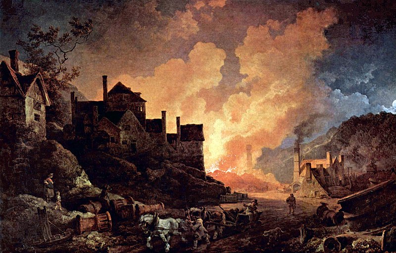 Pie de foto: Coalbrookdale de noche. Pintura al óleo de Philipp Jakob Loutherbourg d. J. del año 1801. Coalbrookdale se considera uno de los lugares de nacimiento de la revolución industrial, ya que aquí se operó el primer alto horno alimentado con coque.