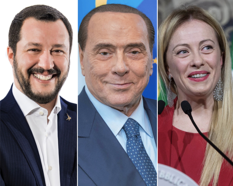 De izquierda a derecha: Matteo Salvini (La Liga), Silvio Berlusconi (Forza Italia) y Giorgia Meloni (Hermanos de Italia). Autor: Nick.mon. Fuente: Wikimedia Commons / CC BY-SA 4.0