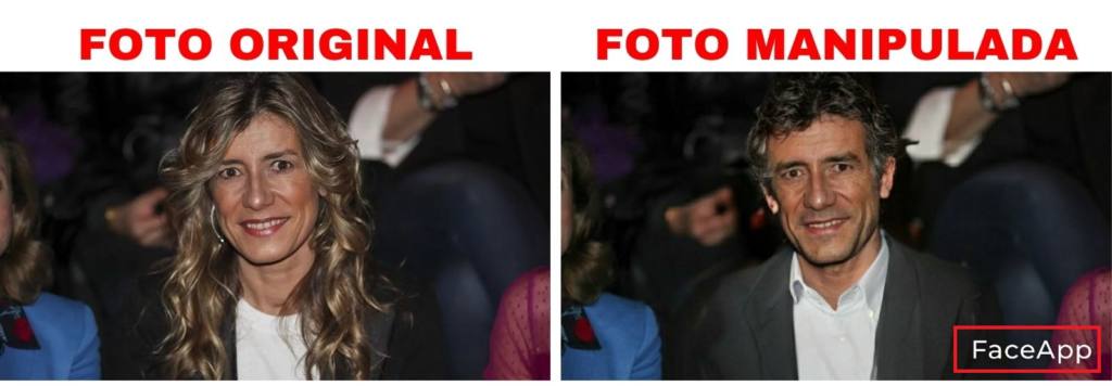 Izquierda: foto real Begoña Gómez/Derecha: foto manipulada con Face App. Autor: Maldita, 16/06/2021. Fuente: Maldita.es / CC BY-SA 3.0