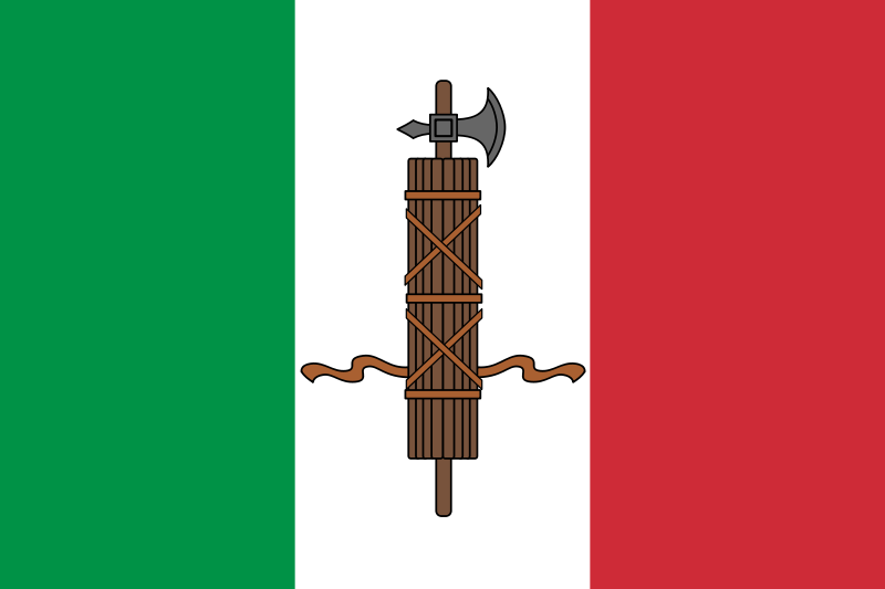 Bandera de la Italia Fascista (1919 - 1926), donde se ve las fasces, símbolo usado por el fascismo en su propaganda.