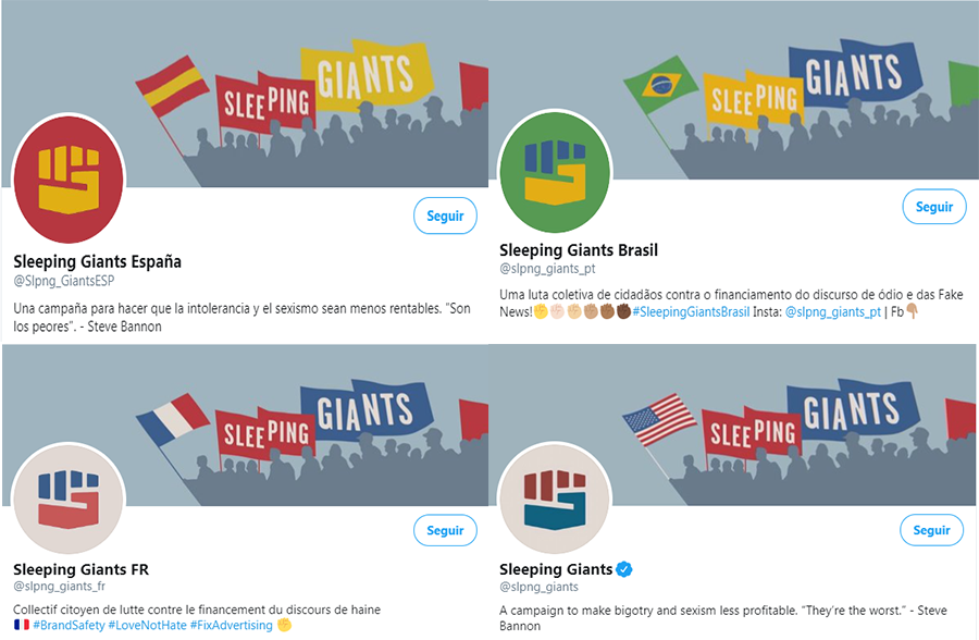 Montaje con los Banners de las cuentas de Twitter de Sleeping Giants España, Brasil, Francia y EEUU de izquierda a derecha. Autor: Captura realizada a las 15:20h de 15/06/2020. Fuente: Cuentas de Twitter asociadas a la iniciativa Sleeping Giants.